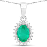 0.84 Carat Genuine Zambian Emerald and White Diamond 14K White Gold Pendant