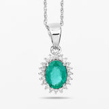 0.84 Carat Genuine Zambian Emerald and White Diamond 14K White Gold Pendant