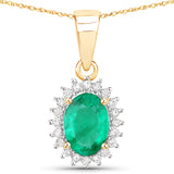 0.84 Carat Genuine Zambian Emerald and White Diamond 14K Yellow Gold Pendant
