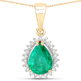 1.84 Carat Genuine Zambian Emerald and White Diamond 14K Yellow Gold Pendant