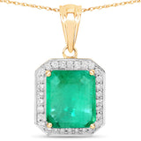 3.95 Carat Genuine Zambian Emerald and White Diamond 14K Yellow Gold Pendant