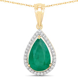 4.48 Carat Genuine Zambian Emerald and White Diamond 14K Yellow Gold Pendant