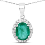 1.58 Carat Genuine Zambian Emerald and White Diamond 14K White Gold Pendant