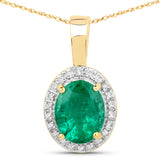 1.82 Carat Genuine Zambian Emerald and White Diamond 14K Yellow Gold Pendant