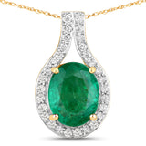 2.08 Carat Genuine Zambian Emerald and White Diamond 14K Yellow Gold Pendant