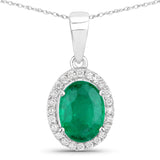 1.31 Carat Genuine Zambian Emerald and White Diamond 14K White Gold Pendant