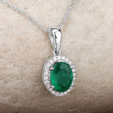 1.31 Carat Genuine Zambian Emerald and White Diamond 14K White Gold Pendant