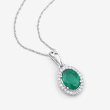 1.31 Carat Genuine Zambian Emerald and White Diamond 14K White Gold Pendant