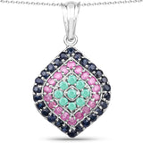 2.25 Carat Genuine Emerald, Ruby & Blue Sapphire .925 Sterling Silver Pendant