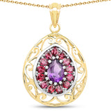14K Yellow Gold Plated 3.95 Carat Genuine Amethyst & Rhodolite .925 Sterling Silver Pendant
