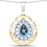 18K Yellow Gold Plate 4.44 Carat Genuine London Blue Topaz & Blue Topaz .925 Sterling Silver Pendant