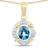 14K Yellow Gold Plate 2.22 Carat Genuine London Blue Topaz & White Topaz .925 Silver Pendant