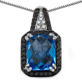 4.35 Carat Genuine Swiss Blue Topaz, Black Diamond & White Diamond .925 Sterling Silver Pendant
