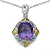 5.57 Carat Genuine Amethyst, Tanzanite & White Diamond .925 Sterling Silver Pendant