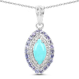 2.40 Carat Genuine Turquoise, Tanzanite and White Topaz .925 Sterling Silver Pendant