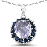 5.69 Carat Genuine Pink Amethyst, Blue Sapphire & White Diamond .925 Sterling Silver Pendant