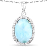 13.55 Carat Genuine Larimar and White Topaz .925 Sterling Silver Pendant