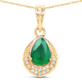 0.89 Carat Genuine Zambian Emerald and White Diamond 14K Yellow Gold Pendant