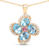 0.89 Carat Genuine Swiss Blue Topaz, Pink Tourmaline and White Diamond 14K Yellow Gold Pendant