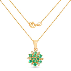 0.72 Carat Genuine Zambian Emerald and White Diamond 14K Yellow Gold Pendant