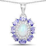 3.10 Carat Genuine Ethiopian Opal, Tanzanite and White Zircon .925 Sterling Silver Pendant