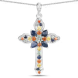 1.74 Carat Genuine Multi Sapphire and White Zircon .925 Sterling Silver Pendant