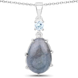 4.35 Carat Genuine Labradorite and Blue Topaz .925 Sterling Silver Pendant