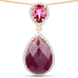 18K Yellow Gold Plate 12.81 Carat Genuine Ruby Pink Topaz & White Topaz .925 Sterling Silver Pendant