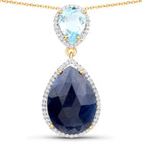 18K Yellow Gold Plate 13.16 Carat Genuine Blue Sapphire Blue Topaz & White Topaz .925 Silver Pendant