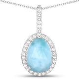 2.20 Carat Genuine Larimar and White Topaz .925 Sterling Silver Pendant