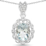 1.16 Carat Genuine Aquamarine and White Zircon .925 Sterling Silver Pendant