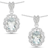 1.16 Carat Genuine Aquamarine and White Zircon .925 Sterling Silver Pendant