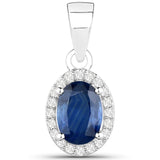 0.94 Carat Genuine Blue Sapphire and White Diamond 14K White Gold Pendant
