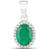 1.34 Carat Genuine Zambian Emerald and White Diamond 14K White Gold Pendant