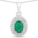 0.89 Carat Genuine Zambian Emerald and White Diamond 14K White Gold Pendant