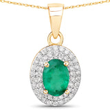 0.89 ct Genuine Zambian Emerald and White Diamond 14K Yellow Gold Pendant