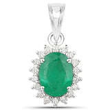 1.42 Carat Genuine Zambian Emerald and White Diamond 14K White Gold Pendant