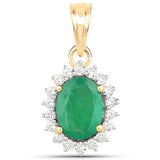 1.42 Carat Genuine Zambian Emerald and White Diamond 14K Yellow Gold Pendant