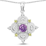 2.22 Carat Genuine Amethyst, Peridot & White Topaz .925 Sterling Silver Pendant
