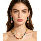 Goddess Stunning Duo Gem Crystals and Gold Tone Necklace and Earrings Set