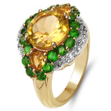14K Yellow Gold Plate 4.13 Carat Genuine Golden Citrine Chrome Diopside White Topaz .925 Silver Ring