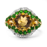 14K Yellow Gold Plate 4.13 Carat Genuine Golden Citrine Chrome Diopside White Topaz .925 Silver Ring