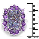 5.97 Carat Genuine Drusy Quartz and Amethyst .925 Sterling Silver Ring