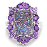 5.97 Carat Genuine Drusy Quartz and Amethyst .925 Sterling Silver Ring