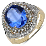 3.90 Carat Genuine Tanzanite and White Diamond 14K Yellow Gold Ring