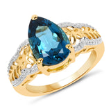 14K Yellow Gold Plated 3.50 Carat Genuine Blue Topaz .925 Sterling Silver Ring