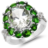 5.48 Carat Genuine Green Amethyst, Chrome Diopside & White Topaz .925 Sterling Silver Ring