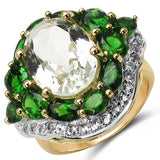 18K Yellow Gold Plate 8.98 Carat Genuine Green Amethyst Chrome Diopside White Topaz .925 Silver Ring