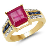 14K Yellow Gold Plate 3.83 Carat Genuine Glass Filled Ruby Blue Sapphire White Topaz 925 Silver Ring