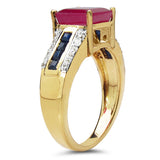 14K Yellow Gold Plate 3.83 Carat Genuine Glass Filled Ruby Blue Sapphire White Topaz 925 Silver Ring